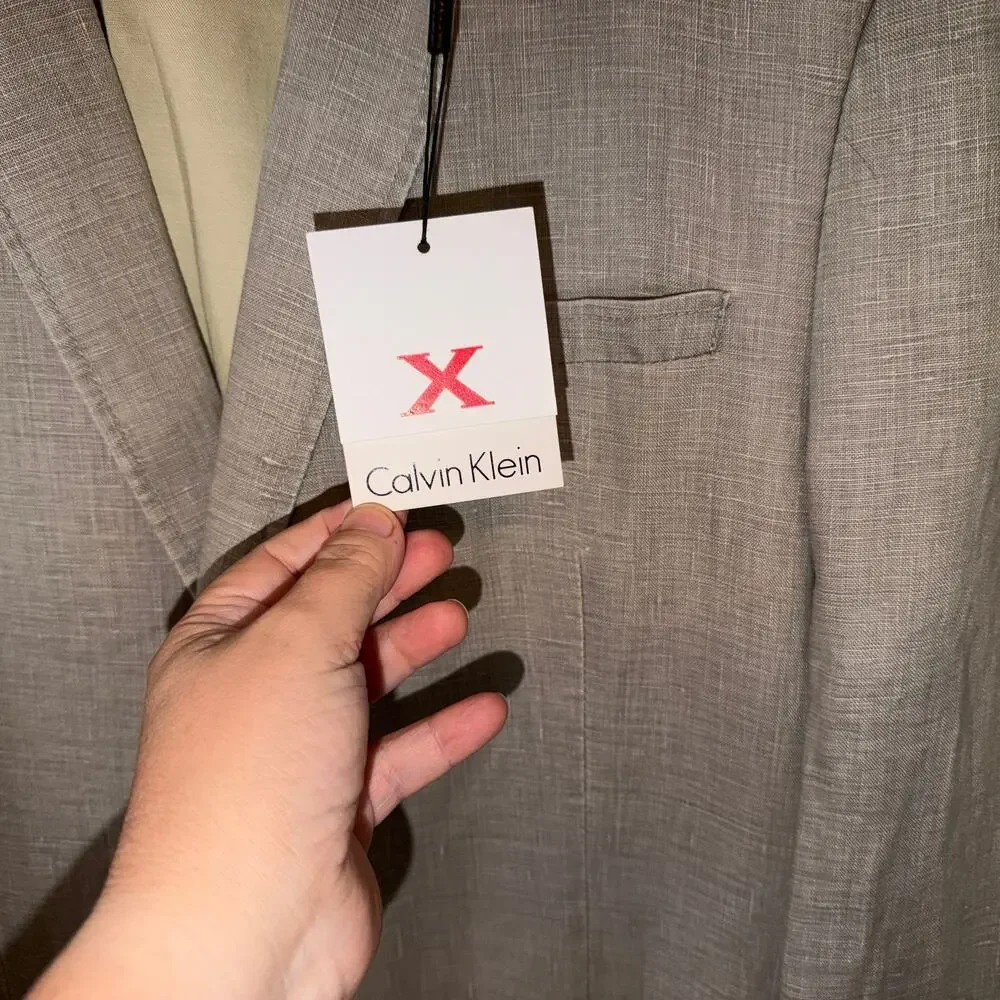 Calvin Klein 100% Linen Blazer 44R Khaki Lightweight Jacket - Picture 2 of 9